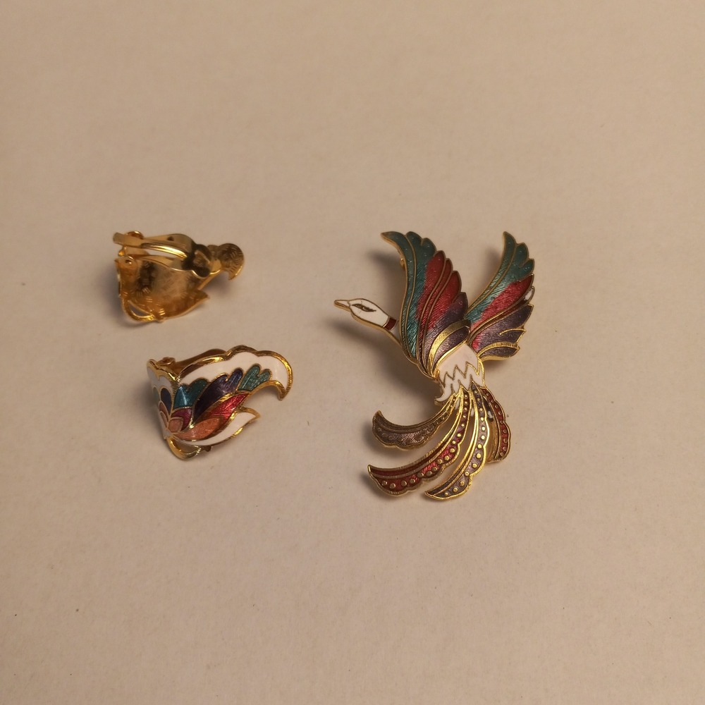 Vintage Cloisonne Enamel Phoenix Bird Brooch and Clip On Earrings Set Gold Tone